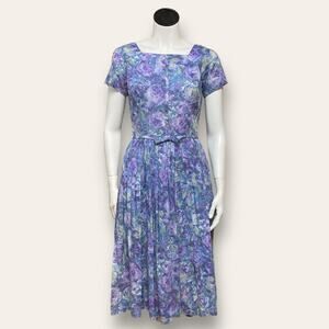Vintage Lavender Floral Midi Dress | Square Neck Pleated Skirt w/ Waist Bow